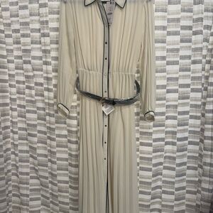 ZARA Pleated Dress Ivory w/Black Trim button front Midi Spring Size L NWT